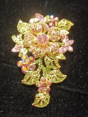 Lovely 3"+ Pink & Green Rhinestone Brooch